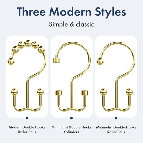 Bathway Shower Curtain Hooks Gold Shower Curtain Rings, 12 Pcs Double Hook Shower Curtain Hooks Rings Shower Curtain Hangers Rust Proof, Metal Shower Hooks for Bathroom Shower Curtain Rod