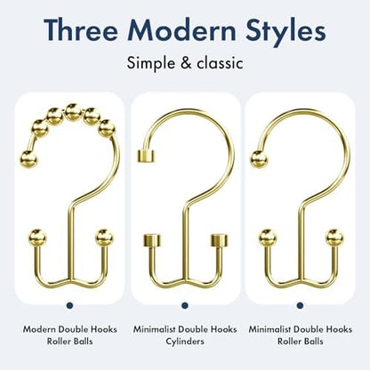 Bathway Shower Curtain Hooks Gold Shower Curtain Rings, 12 Pcs Double Hook Shower Curtain Hooks Rings Shower Curtain Hangers Rust Proof, Metal Shower Hooks for Bathroom Shower Curtain Rod