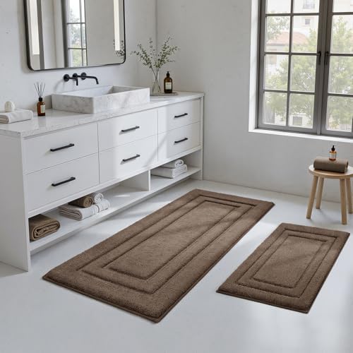 HOMEIDEAS Bathroom Rugs Sets 2 Piece, Soft Extra Long Bath Mat Brown