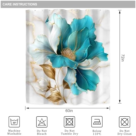 Riyidecor Teal Gold Marble Floral Shower Curtain for Bathroom Decor 60Wx72H Modern Turquoise Ombre Flower Abstract Luxury Minimalist Art Printed Fabric Polyester Waterproof 12 Pack Plastic Hooks