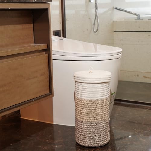 Toilet Paper Holder Handmade – Woven Cotton Toilet Paper Stand & Storage Basket with Lid, Freestanding Organizer for Bathroom, Fits 3 Mega Rolls Gradient Brown 14'' x 7''