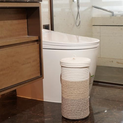 Toilet Paper Holder Handmade – Woven Cotton Toilet Paper Stand & Storage Basket with Lid, Freestanding Organizer for Bathroom, Fits 3 Mega Rolls Gradient Brown 14'' x 7''