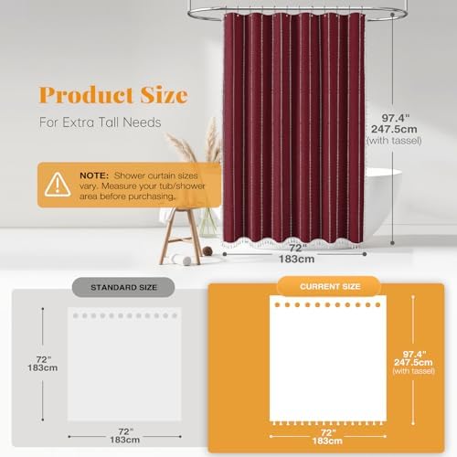BTTN 72x96 Extra Long Boho Linen Heavy Duty Shower Curtain Set, Burgundy