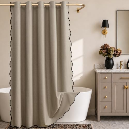 Furlinic Scalloped Greige Shower Curtain No Hook 72x84 Extra Long Fabric