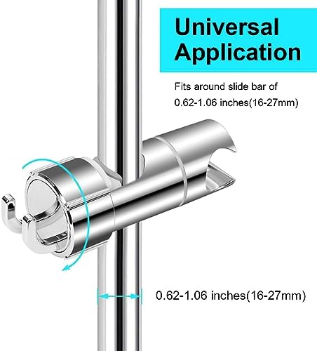 OSDUE Shower Head Holder, 16-27mm Slider Bar Adjustable Shower Head Holder for Slide Bar Slider Clamp Bathroom Replacement, 360 Degree Rotating Sprayer Holder with 2 Hooks, Chrome Finish - Silver