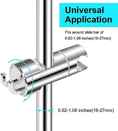 OSDUE Shower Head Holder, 16-27mm Slider Bar Adjustable Shower Head Holder for Slide Bar Slider Clamp Bathroom Replacement, 360 Degree Rotating Sprayer Holder with 2 Hooks, Chrome Finish - Silver