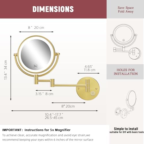 Rechargeable Wall Mount Makeup Mirror Gold for Bathroom, Upgraded Brightness 3 Colors LED Dimmable 360 Rotation Wall-Fixed Ergonomically 1X/5X Magnifying Mirror with Swing Arm, Brushed Gold