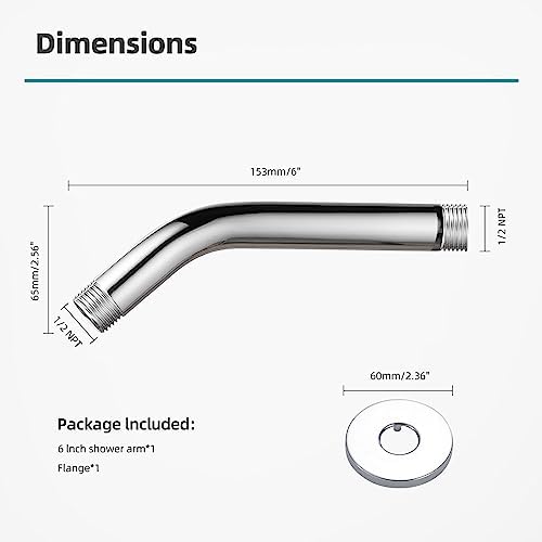 Cobbe Shower Arm with Flange and Teflon Tape, 6-Inches Wall Mounted Shower Pipe Arm 304 Stainless Steel Extension for Fixed Shower Head, Chrome