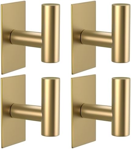 VAEHOLD Wall Towel Hooks, Heavy Duty Sticky Holder Waterproof Towel Hooks for Hanging Coat, Clothes, Closet Hook Wall Mount for Kitchen (Gold, 4 Pack)