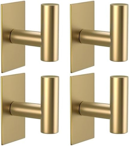VAEHOLD Wall Towel Hooks, Heavy Duty Sticky Holder Waterproof Towel Hooks for Hanging Coat, Clothes, Closet Hook Wall Mount for Kitchen (Gold, 4 Pack)