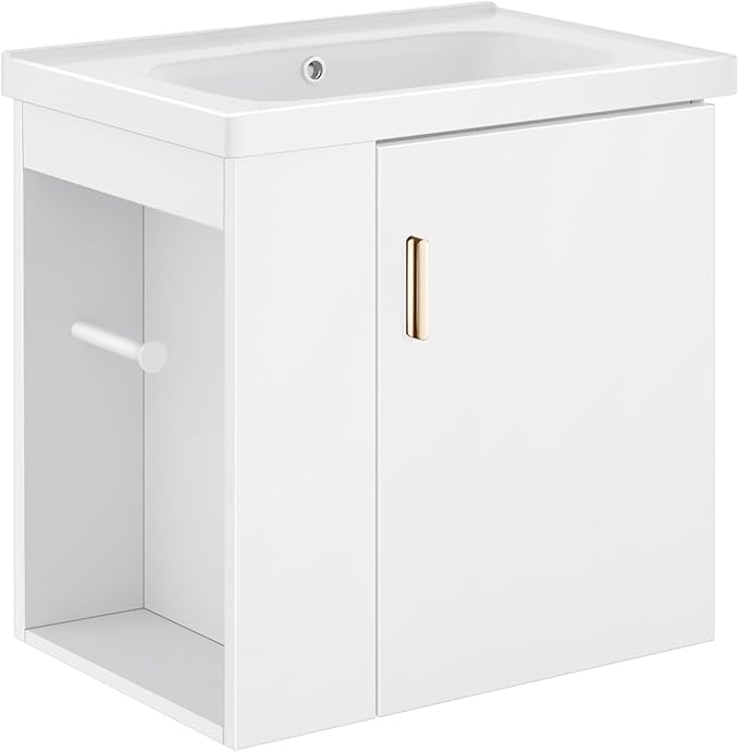 phiestina 20 Inch White Floating Small Bathroom Vanity, Pre-Assembled Wall Mounted Cabinet with Sink, Left Side Storage, Soft-Close Door, Modern Space-Saving Design, No Faucet, BV04-20-WHITE-PLUS