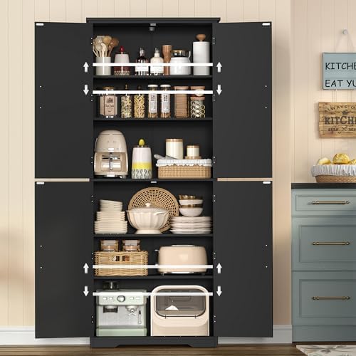 Tall Pantry Cabinet with 4 Doors & 2 Adjustable Shelves, Kitchen Cabinet