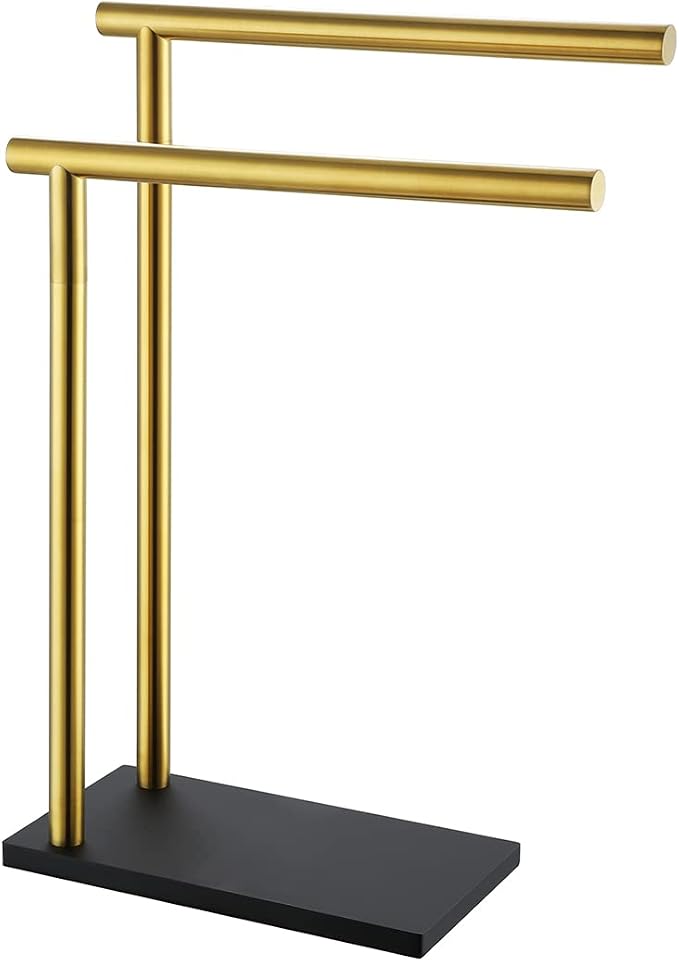 JQK Hand Towel Holder Stand Brushed Gold, Modern Tree Rack Free Standing for Countertop with 12 Inch 2 Bars, 304 Stainless Steel Golden, HTT172-BG