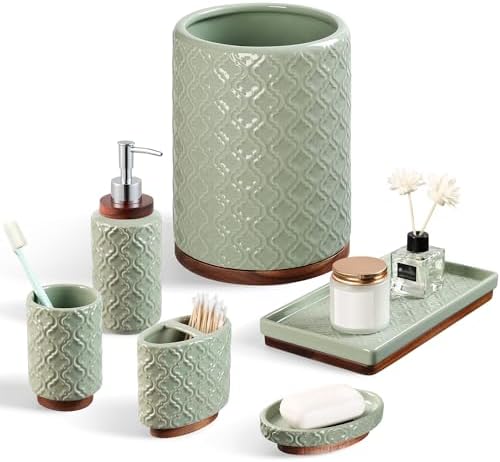 RQYIXI Ceramic Bathroom Accessories Set,Sage Green,6 Piece,Embossed Design