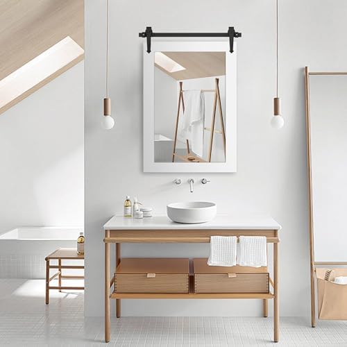 Bathroom Mirror for Over Sink 26”x40” Farmhouse Barn Door Mirror Rustic Wood Framed Wall Mirror for Bathroom, Bedroom, Entryway (Bright White)