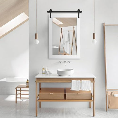 Bathroom Mirror for Over Sink 26”x40” Farmhouse Barn Door Mirror Rustic Wood Framed Wall Mirror for Bathroom, Bedroom, Entryway (Bright White)