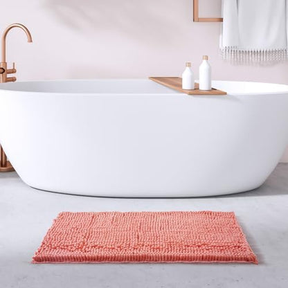 FRESHMINT Chenille Bathroom Rugs Mat 32”x20”, Non-Slip Bath Mat for Bathroom Floor & Bathtub, Washable Soft Shower Shag Bath Rugs, Durable Fluffy Thick Water Absorbent Microfiber Shower Mat, Coral