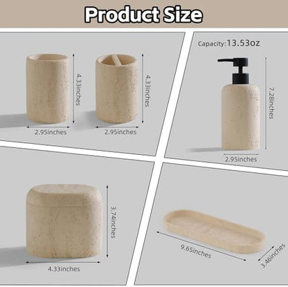 Bathroom Accessories Set, Travertine Stone Look, 5 PCS, Yellow