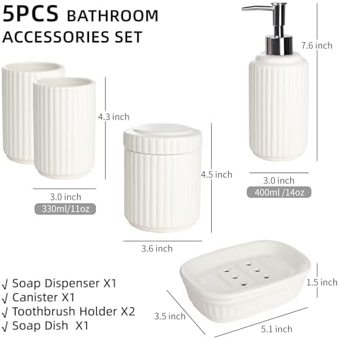 White Bathroom Accessory Set 5PCS, Ceramic Bathroom Accessories Set, Classic Design Bathroom Accessories Sets Complete, Home Apartment Modern Bathroom Decor Vanity Countertop, ANTIS'S HOME