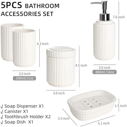 White Bathroom Accessory Set 5PCS, Ceramic Bathroom Accessories Set, Classic Design Bathroom Accessories Sets Complete, Home Apartment Modern Bathroom Decor Vanity Countertop, ANTIS'S HOME
