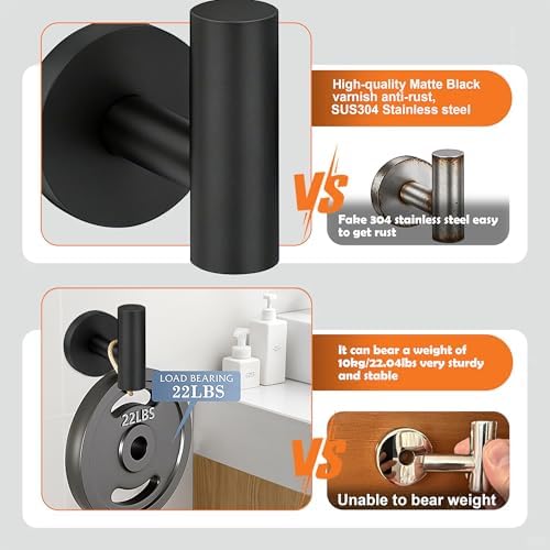 5 Pieces Bathroom Hardware Accessories Set Matte Black, 24Inch Round Towel Racks Set for Bathroom, SUS304 Stainless Steel Towel Bar Set, Toilet Paper Holder Wall Mounted