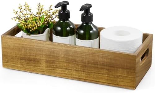 ALELION 15 Inch Acacia Wood Bathroom Storage Basket with Handles, Toilet Paper Basket for Back of Toilet Tank Top, Wooden Organizer Tray for Bathroom Countertop, Vanity, Kitchen, Pantry, Laundry Room