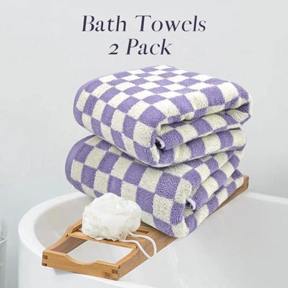 Shower Towels for Bathroom 27.5x55 Inches - Cute Checkered Towel Sets Lilac