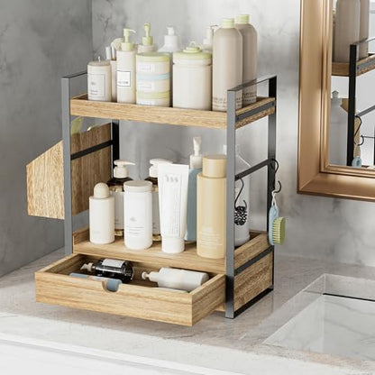 2-Tier Bathroom Counter Organizer, Wooden Vanity Shelf with Drawer & Basket