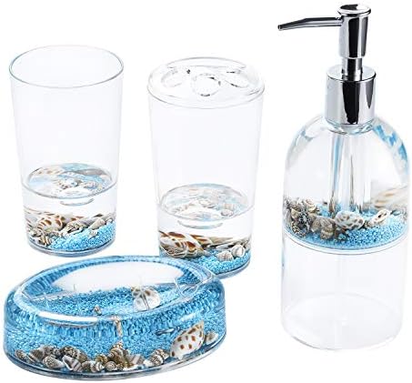 Locco Decor 4 Piece Acrylic Liquid 3D Floating Motion Bathroom Vanity Accessory Set Oceam Theme Sea Shell Conch Toothbrush Holder, Tumbler, Soap Dispenser, Soap Dish