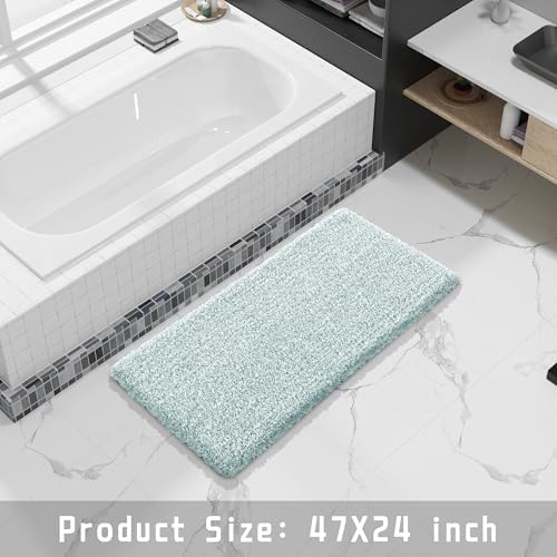 Yimobra Luxury Bathroom Rugs, Fluffy Bath Mats, Non Slip, Water Absorbent Microfiber, Machine Washable, Plush Runner Shower Rugs, Thick Matts for Bathroom Floor/Tub, 47"x 24", Sky Light Blue and White