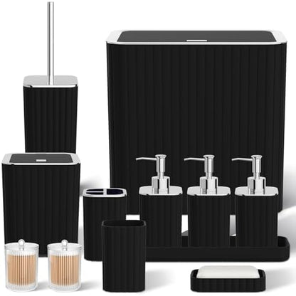 Bathroom Accessory Set - Bathroom Set, 12PC Bathroom Accessory Set, Black Bathroom Accessories Set, Mini Trash Can, Toilet Brush, Trash Can & Soap Dispenser