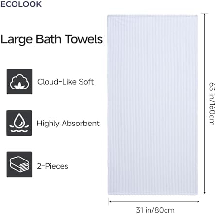 ecolook White Bath Towel Set of 2, 31 x 63 in, Soft and Highly Absorbent, Lightweight Microfiber Towels for Bathroom, Gym, Hotel and Spa