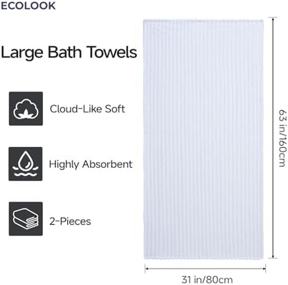 ecolook White Bath Towel Set of 2, 31 x 63 in, Soft and Highly Absorbent, Lightweight Microfiber Towels for Bathroom, Gym, Hotel and Spa