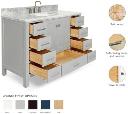 ARIEL Cambridge 48-inch Bathroom Vanity with Sink,Solid Wood, 0.75-inch Italian Carrara Marble Countertop, Single Rectangular Porcelain Sink, 2 Soft Closing Doors, 9 Dovetail Drawers, Grey