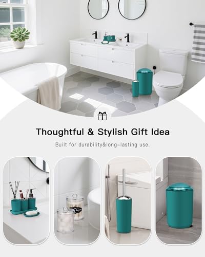 IMAVO Bathroom Accessories Set,Peacock Green Bathroom Set,9 Pieces Bathroom Accessory Set,Tray,Qtip Holders,Toilet Brush,Trash Can for Bathroom Décor and Home Gifts