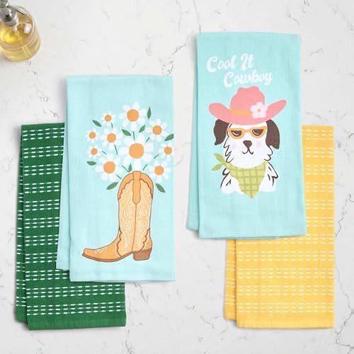 Ritz 4-Piece Kitchen Towel Set, Cool It Cowboy Dog & Daisy Boot Prints with Pine Green & Yellow Textured Terry, 100% Cotton & Absorbent Blend, 16" x 26", Western Boho Coastal Cowgirl Kitchen Decor