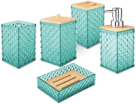 Bathroom Accessory Set, Grid Pattern 5 Pcs Plastic Bathroom Set, Teal