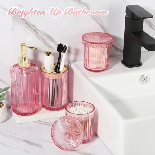 RYTOXILO Pink Bathroom Accessories Set, Pink Bathroom Decor Accessory Sets Complete, 4 Pack Ribbed Grils Soap Dispenser and Toothbrush Holder Set with 2 Qtip Holders, Girly Bath Counter Essentials