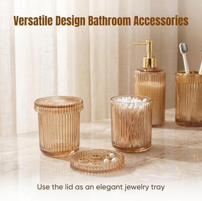 4 Pcs Brown Bathroom Accessories Set, Glass Bathroom Set, Soap Dispenser, Toothbrush Holder, Qtip Holders, Modern Bathroom Decor, Housewarming Gift Set （Amber Brown）