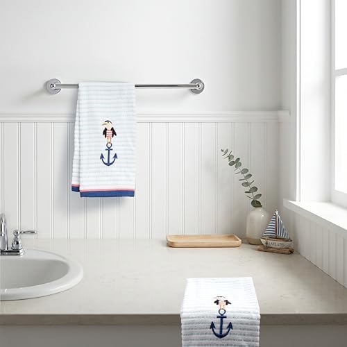 Ritz 2-Piece Cotton Velour Bathroom Hand Towel Set, Embroidered Anchor Seagull, Blue Pinstripe Coastal Towels for Lake House, Beach, Nautical Decor, 16” x 26”