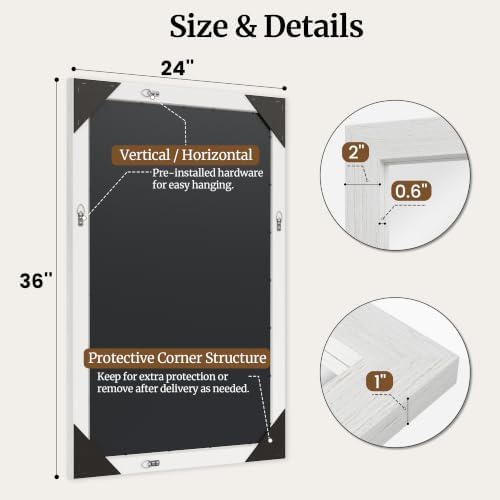Distressed White 24x36 Inch Wood-Grain Rectangular Wall Mirror
