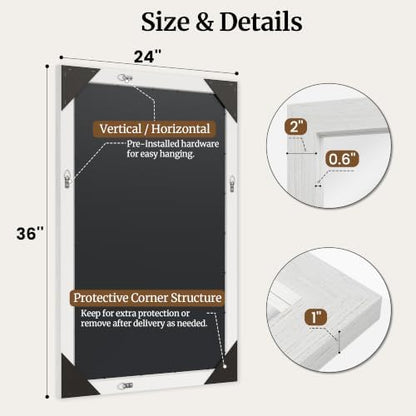 Distressed White 24x36 Inch Wood-Grain Rectangular Wall Mirror
