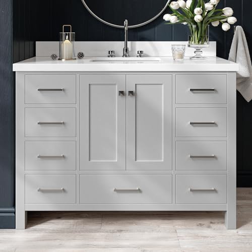 ARIEL Cambridge 48-inch Bathroom Vanity with Sink,Solid Wood, 1.5-inch Pure White Quartz Countertop & Backsplash, Single Rectangular Porcelain Sink, 2 Soft Closing Doors, 9 Dovetail Drawers, Grey