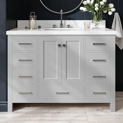ARIEL Cambridge 48-inch Bathroom Vanity with Sink,Solid Wood, 1.5-inch Pure White Quartz Countertop & Backsplash, Single Rectangular Porcelain Sink, 2 Soft Closing Doors, 9 Dovetail Drawers, Grey