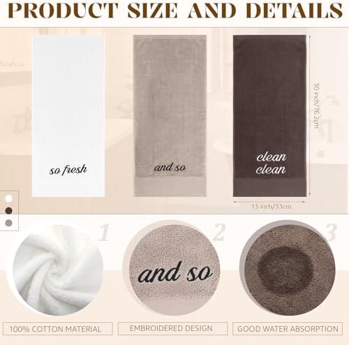Tiamon 3 Pcs Bathroom Towel Decorative Set 100% Cotton Fluffy Bath Hand Towels for Guest Gifts Farmhouse Kitchen Hand Towels Home(White, Light Brown, Dark Brown,30 x 13 Inch,So Fresh and So Clean)