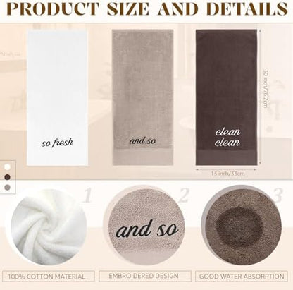 Tiamon 3 Pcs Bathroom Towel Decorative Set 100% Cotton Fluffy Bath Hand Towels for Guest Gifts Farmhouse Kitchen Hand Towels Home(White, Light Brown, Dark Brown,30 x 13 Inch,So Fresh and So Clean)