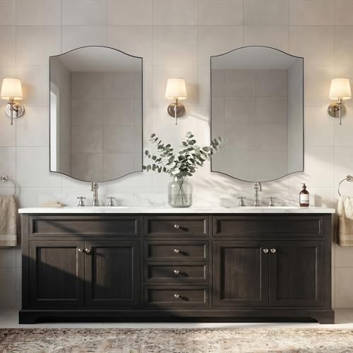 ANDY STAR 26"x38" Scalloped Mirror for Bathroom，Polished Chrome Rectangle Wall Mirror with Curved Edge Stainless Steel Metal Frame, Wall-Mounted Mirror for Bathroom, Entryway, Living Room