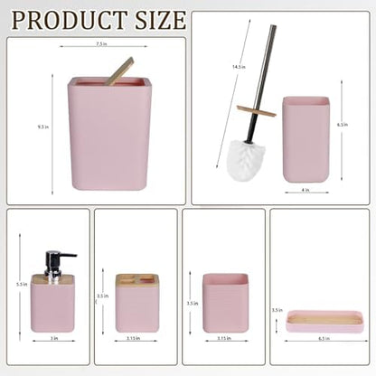 CERBIOR Bamboo Bathroom Accessories Set 6 Piece Bath Ensemble（Pink）