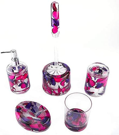 Locco Decor 5 Piece Acrylic Liquid 4D Floating Motion Bathroom Vanity Accessory Set Garden Theme Leaf Toothbrush Holder, Tumbler, Soap Dispenser, Soap Dish, Toiletbrush Holder Set