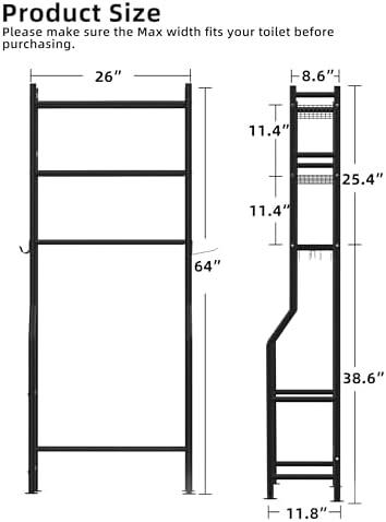 Livilord 3-Tier Over Toilet Storage, Anti-Tip, 64" H, Black